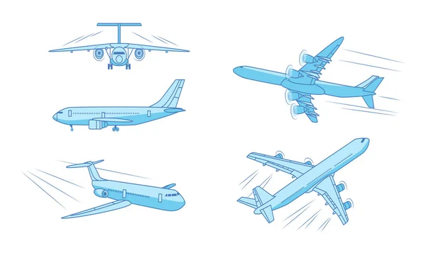 Diferentes tipos de aviões passanger azuis em movimento sobre fundo branco —  Vetores de Stock