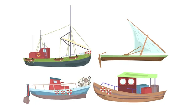 Diferentes tipos de barcos y embarcaciones sobre fondo blanco — Vector de stock