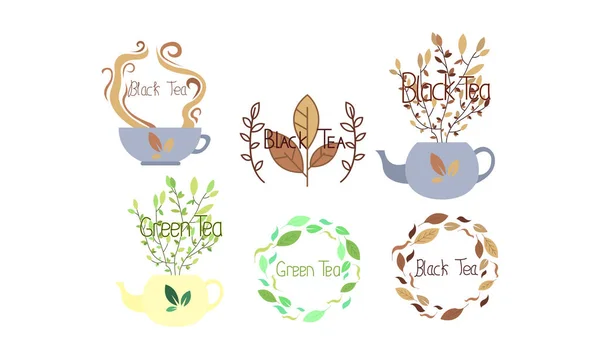 Üzerinde çizimler olan farklı yeşil ve siyah çay etiketleri ve logoları. — Stok Vektör