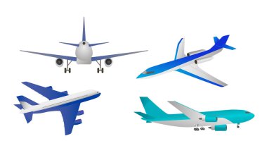 Beyaz zemin üzerinde farklı mavi yolcu uçakları türleri