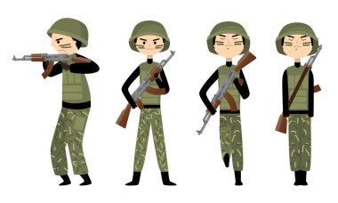 Ordu ve kuvvetlerde çalışan koyu yeşil askeri üniformalı adamlar.