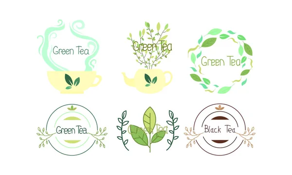 Diferentes tipos de etiquetas y logotipos de té verde y negro con dibujos para marcas de té — Archivo Imágenes Vectoriales