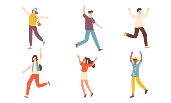 Jeunes filles et garçons souriants sautant et se sentant heureux illustration vectorielle — Image vectorielle