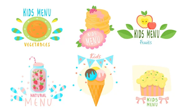 Different types of healthy menu for children and kids with titles for restaurants — Stock Vector