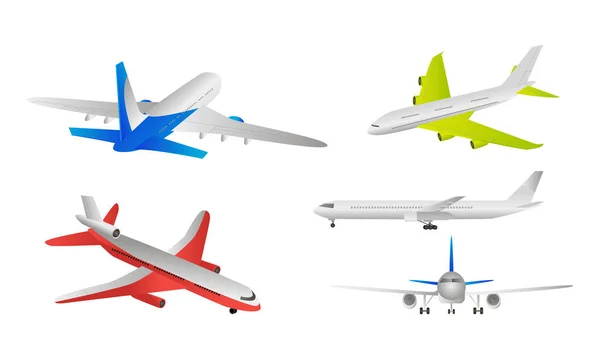 不同类型的在白色背景上飞行的五彩斑斓的过客飞机 — 图库矢量图片