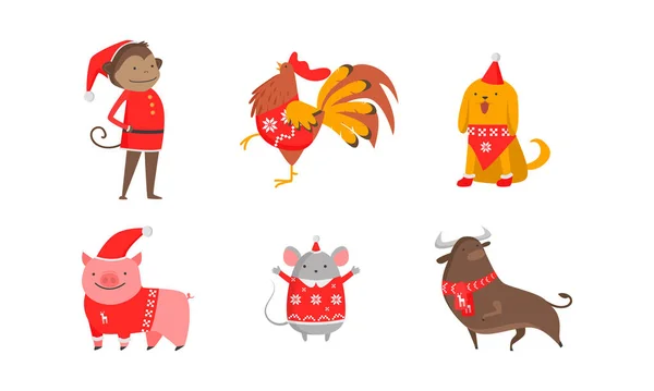Animali felici che indossano Natale e Capodanno sciarpe festive e abbigliamento — Vettoriale Stock