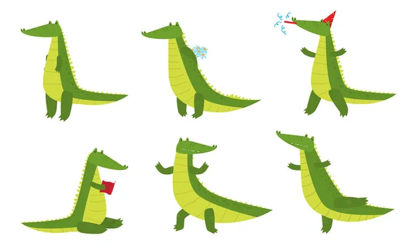 Állítsa be az elszigetelt kézzel rajzolt aranyos vicces krokodil állatok élvezi az életet — Stock Vector