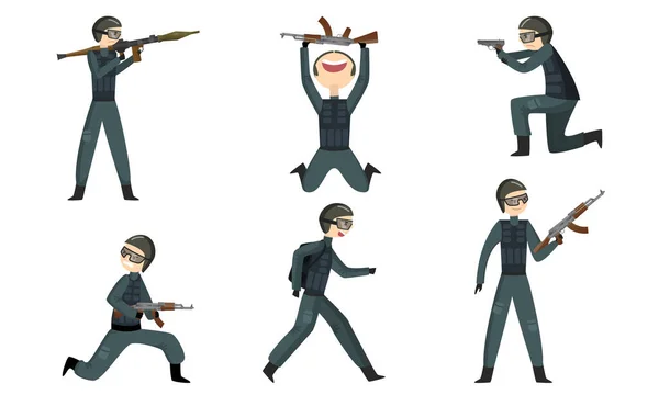 Officiers d'application de la loi en uniforme militaire traditionnel sombre avec arme à feu — Image vectorielle
