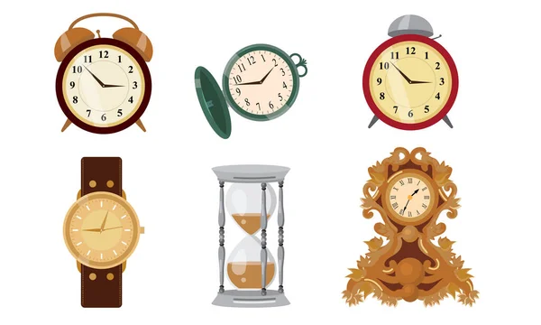 Verschillende stijlen van klokken, horloges en zandloper vector illustratie — Stockvector