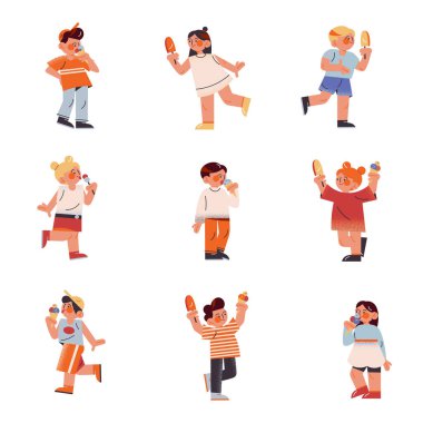 Bir grup mutlu çocuk dondurma vektör çizimi yiyor.