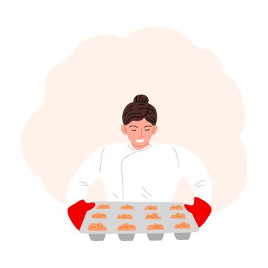 Kadın pastacı ya da fırıncı kek pişirme vektör illüstrasyonu