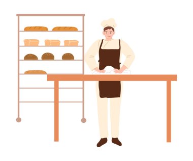 Adam fırıncı ayakta duruyor ve hamur yapıyor fırın vektör illüstrasyonunda ekmek yapmak için