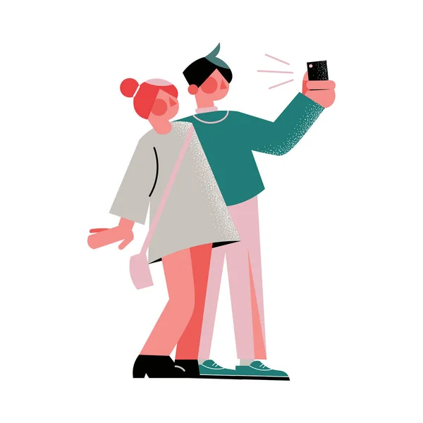 Ručně kreslené mladý pár dělat selfie na smartphone vektorové ilustrace — Stockový vektor