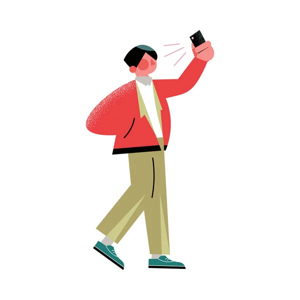 手描き若いスタイリッシュな男歩くと作り自撮りベクトルイラスト — ストックベクタ