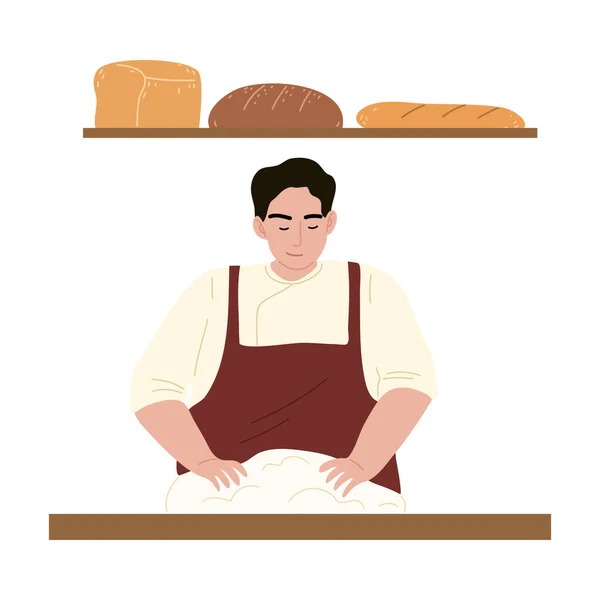 Человек пекарь стоять и делать тесто для выпечки векторной иллюстрации хлеба — стоковый вектор