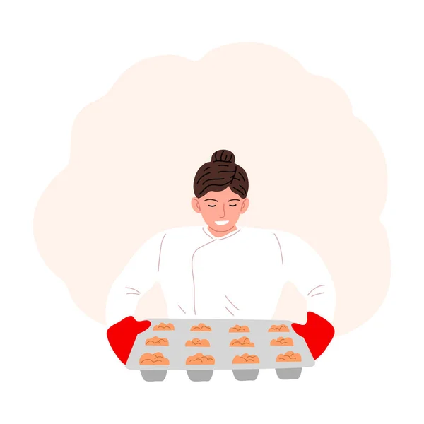 Kobieta cukiernik lub piekarz pieczenia babeczki wektor ilustracji — Wektor stockowy