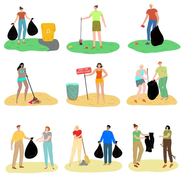 Set di persone che raccolgono spazzatura in luoghi pubblici illustrazione vettoriale — Vettoriale Stock