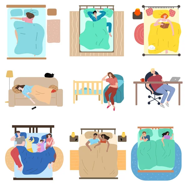 Σύνολο των ατόμων που κοιμούνται σε διαφορετικές στάσεις και θέσεις εικονογράφηση διάνυσμα — Διανυσματικό Αρχείο