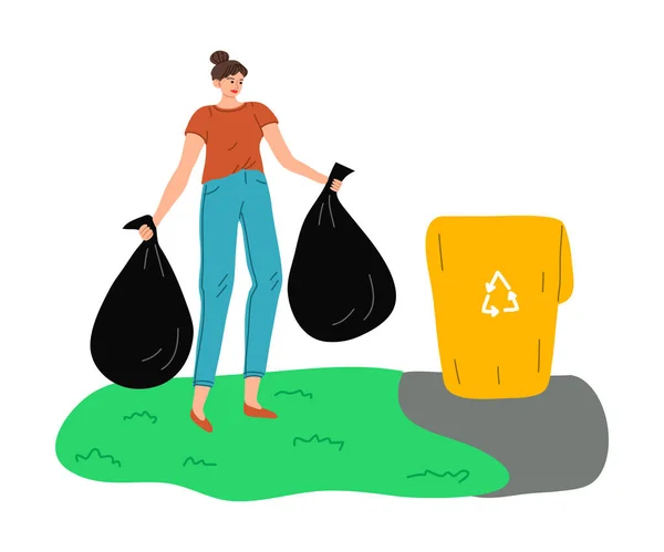 Νεαρή κοπέλα συλλογή και ρίψη σκουπίδια σε δημόσιο χώρο διανυσματική απεικόνιση — Διανυσματικό Αρχείο
