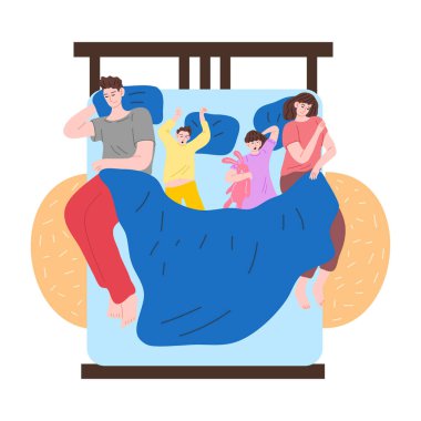Çocuklu bir aile, vektör illüstrasyonunda bir yatakta uyuyor.