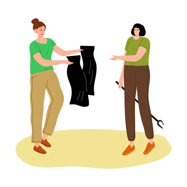Jovens mulheres coletando e embalando lixo em sacos pretos ilustração vetorial — Vetor de Stock