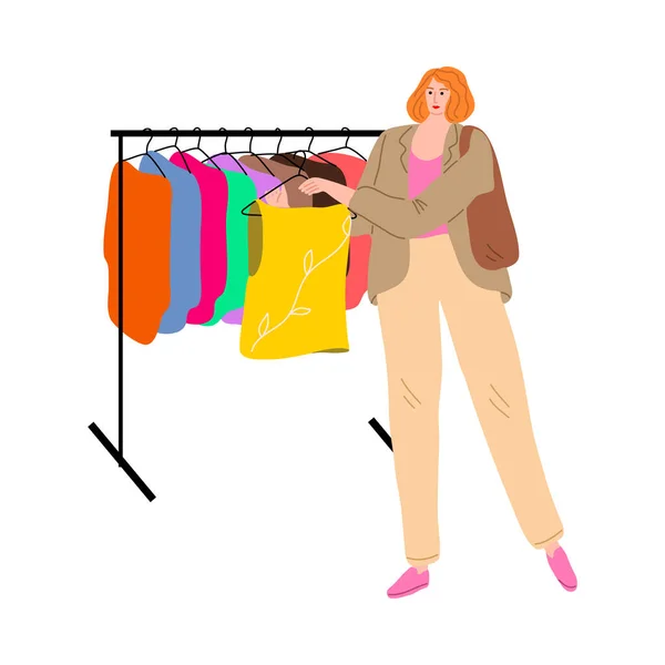 Mujer joven hacer compras y elegir la ilustración vector de ropa — Vector de stock