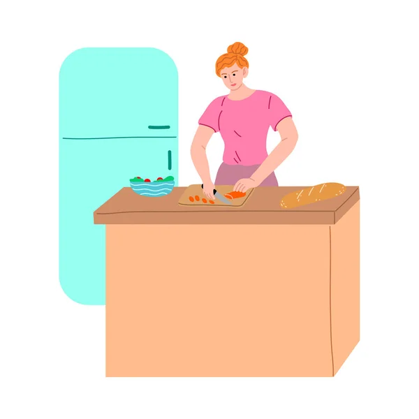 Mujer joven cortar ingredientes y cocinar ensalada vector ilustración — Vector de stock