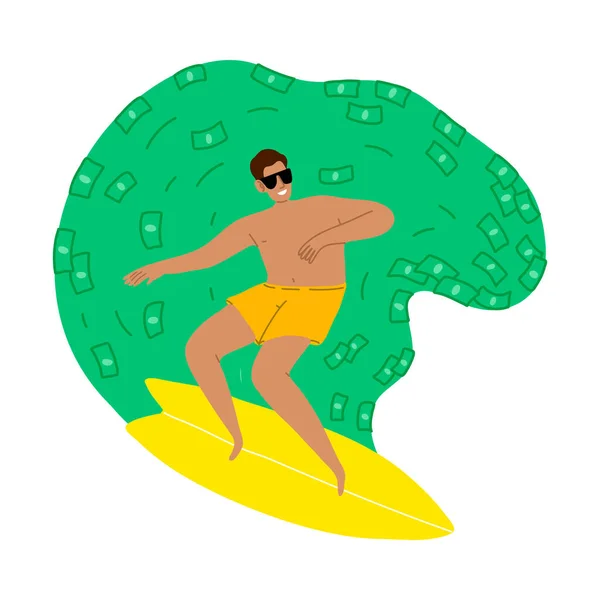 Man doing water surfing in ocean full of money vector illustration