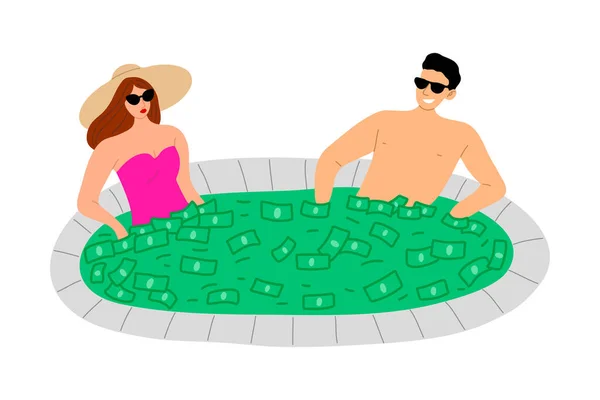 Joven pareja rica relajarse en la piscina llena de ilustración vector de dinero — Vector de stock