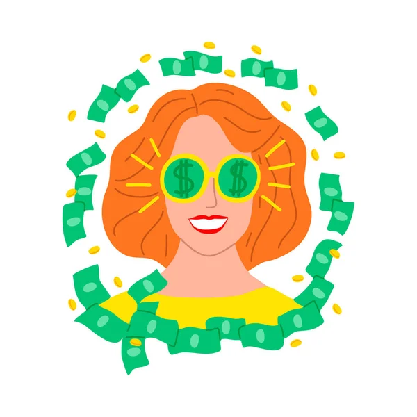 Young womans face surrounded with dollars vector illustration — Stock Vector