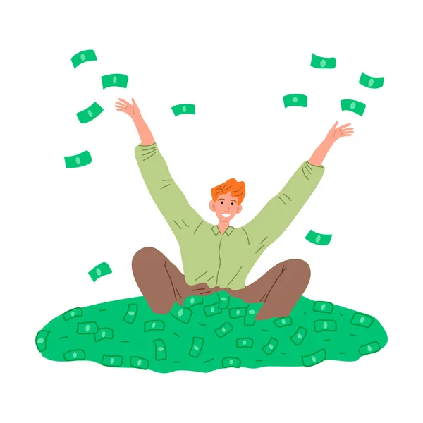 Young smiling man sitting in heap of moneyy vector illustration — Stock Vector
