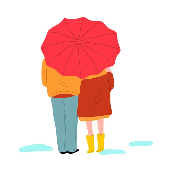 Ζευγάρι ερωτευμένο στέκεται και αγκαλιάζεται κάτω από μεγάλη κόκκινη ομπρέλα — Διανυσματικό Αρχείο