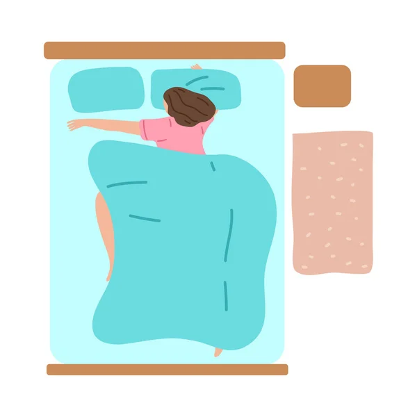Mulher dormindo em cama grande em casa ilustração vetor — Vetor de Stock