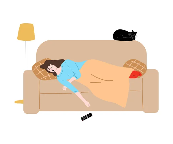睡在沙发上的年轻女子带着倒挂的遥控装置 — 图库矢量图片