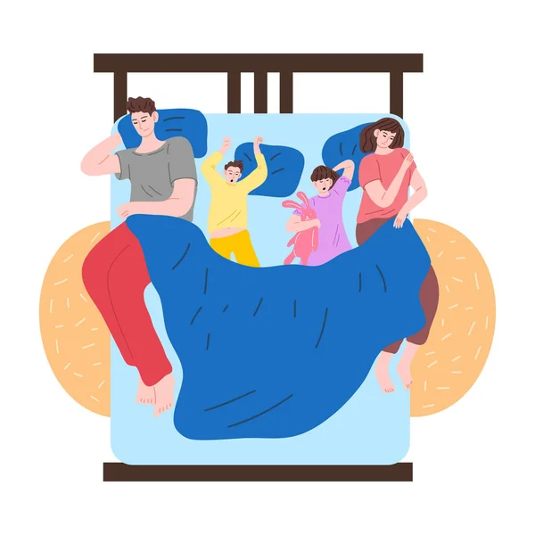 집 벡터 삽화의한 침대에서 잠 자고 있는 자녀와 함께 있는 가족 — 스톡 벡터