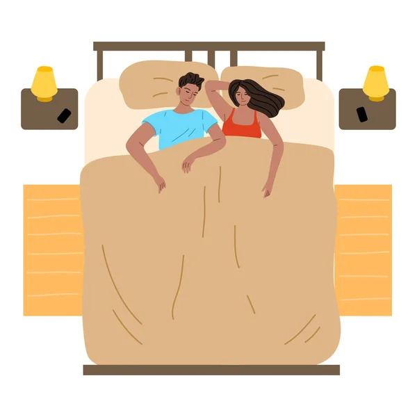 睡在一张床上的年轻夫妇家庭病媒图解 — 图库矢量图片