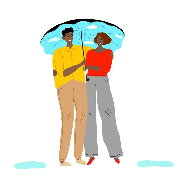 傘の下に立って抱きかかり、雨の日を楽しむカップル — ストックベクタ