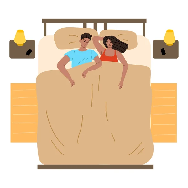 Pasangan muda tidur di satu tempat tidur di gambar vektor rumah - Stok Vektor