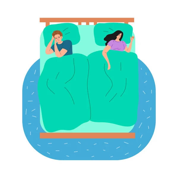 Paar slapen in een bed onder groene deken thuis vector illustratie — Stockvector