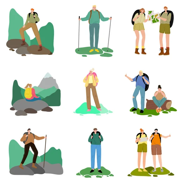 Gruppe von Menschen, die Wandern und Reisen auf Naturvektorillustration genießen — Stockvektor