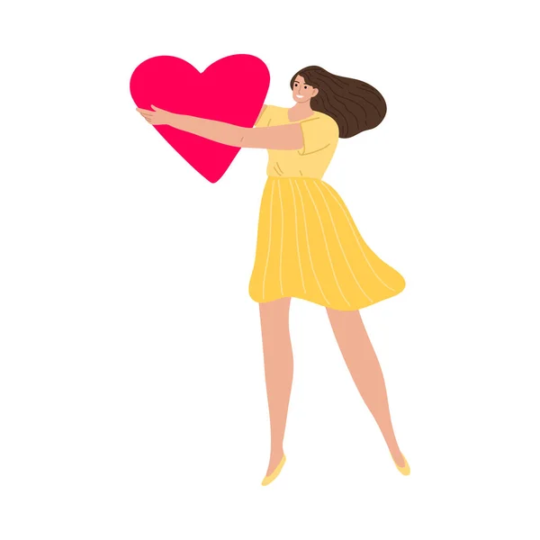 Menina em pé vestido, segurando grande coração vermelho nas mãos e expressando amor —  Vetores de Stock