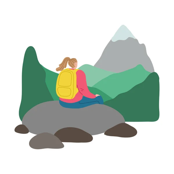 Viajera joven con mochila sentada en piedra y disfrutando del paisaje — Archivo Imágenes Vectoriales
