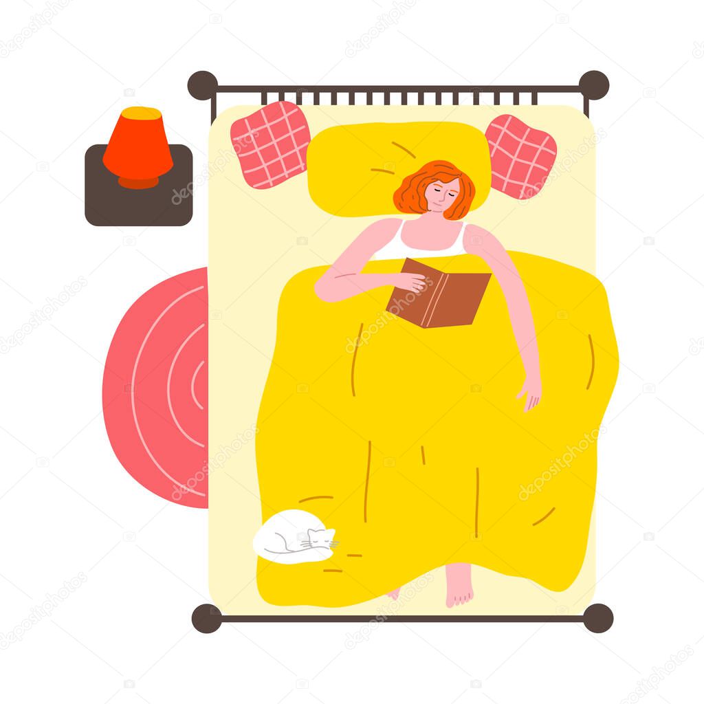 Woman reading book in big bed at home before sleep vector illustration