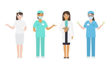 Farklı kadın doktor ve hemşireler kendi işleriyle meşguller. Çizgi film tarzında vektör illüstrasyonu