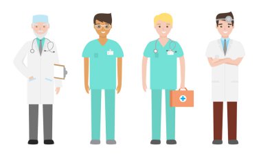 Farklı doktor ve hemşirelerin tıbbi kıyafetleri işlerinde kullanılıyor. Çizgi film tarzında vektör illüstrasyonu