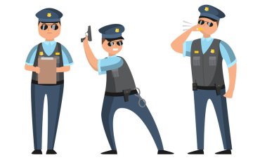 Siyah güneş gözlüklü polis memuru, protokol, düdük ve silahla farklı pozlarda duruyor. Düz biçimli vektör illüstrasyonu