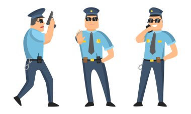 Siyah güneş gözlüklü polis memuru elinde silah ve telsizle farklı pozlar veriyordu. Çizgi film tarzında vektör illüstrasyonu
