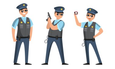 Siyah güneş gözlüklü polis memuru elinde donut ve silahla farklı pozlarda duruyordu. Çizgi film tarzında vektör illüstrasyonu