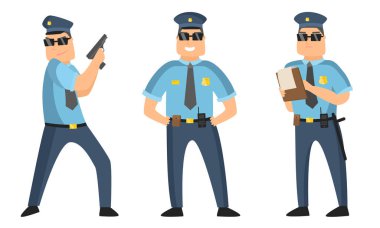 Siyah güneş gözlüklü polis memuru elinde protokol ve silahla farklı pozlarda duruyor. Çizgi film tarzında vektör illüstrasyonu