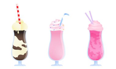 Farklı malzemelerden yapılmış tüplerle üç renkli milkshake seti. Çizgi film tarzında vektör illüstrasyonu